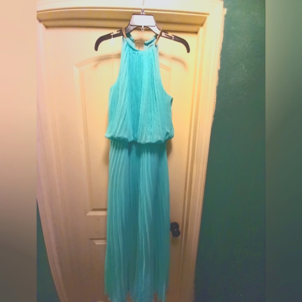 MSK HALTER LONG BLUE DRES NEVER WORN. DRAPED PLEATEDFLOWING  SIZE 14